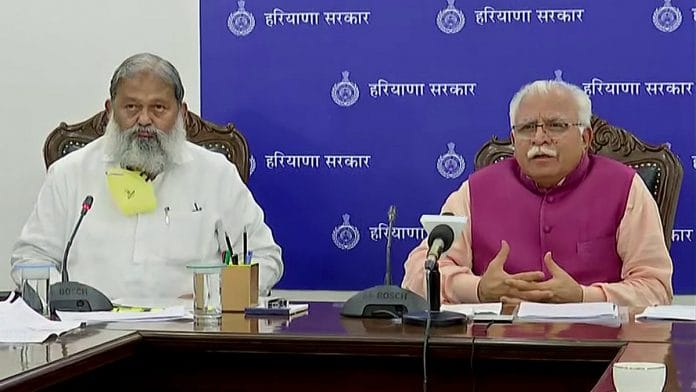 Haryana CM Manohar Lal Khattar (right) and Health Minister Anil Vij at a virtual press conference | Photo: ANI