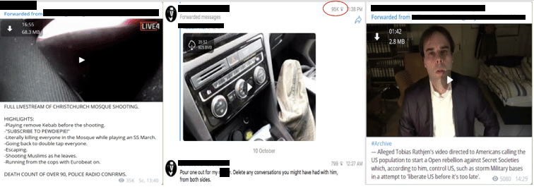 Posts amplifying livestream and video messages from mass shooters behind Christchurch, Halle, and Hanau attacks respectively. (Source: Telegram)