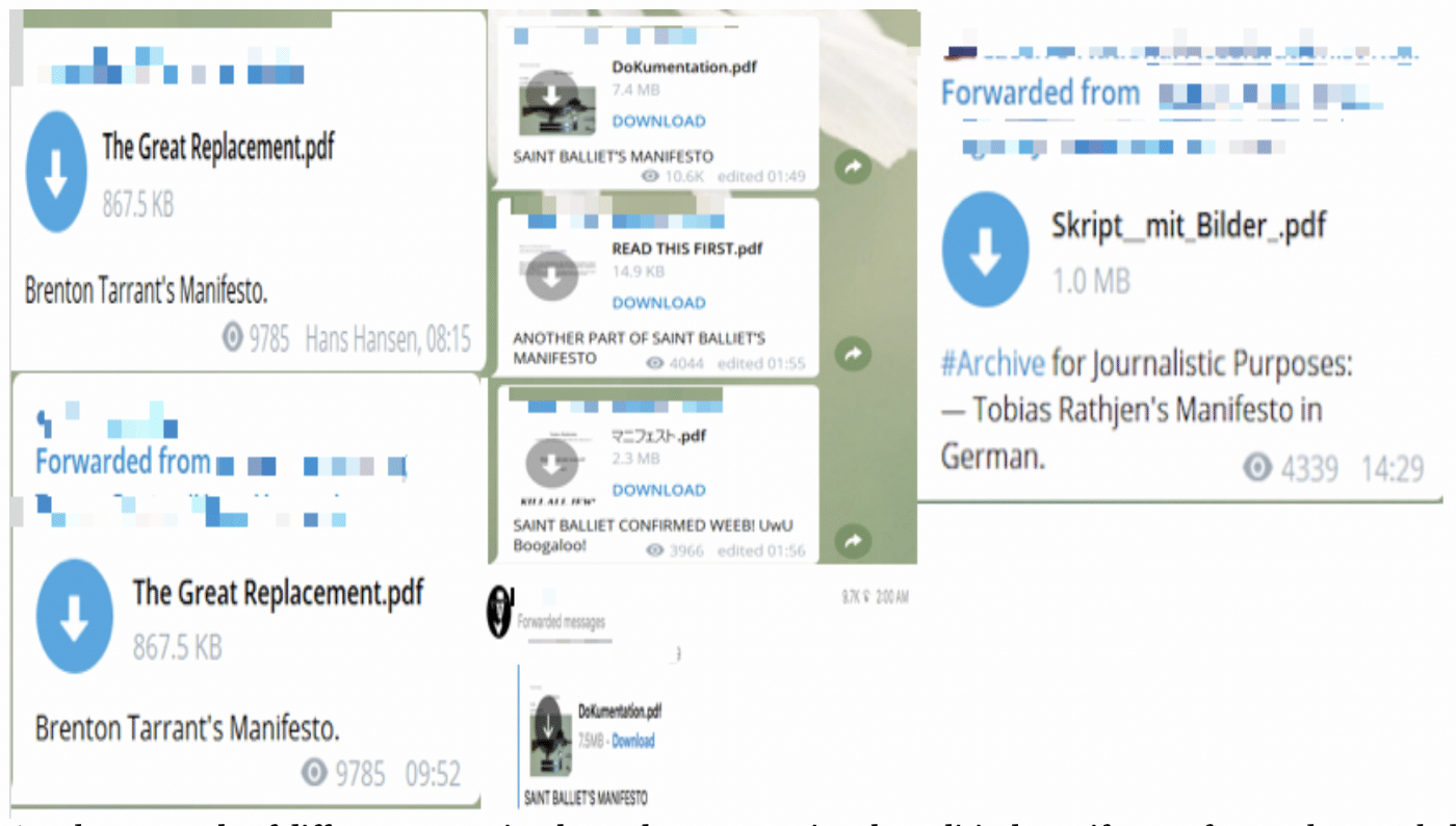 Another example of different extremist channels cross-posting the political manifestos of mass shooters behind Christchurch, Halle, and Hanau respectively. Helping these texts gain thousands of views from users on the platform. (Source: Telegram)