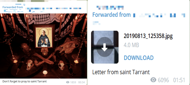 Left: An example of cross-posting between different extremist channels amplifying imagery and ascribing “sainthood” the far-right terrorist responsible for the Christchurch massacre. Right: Another example of cross-posting between channels, in this case as a letter written by the same mass shooter to a supporter from prison, demonstrating how such forums allow far-right figures to continue fomenting hate and spread their political ideology from prison. (Source: Telegram)