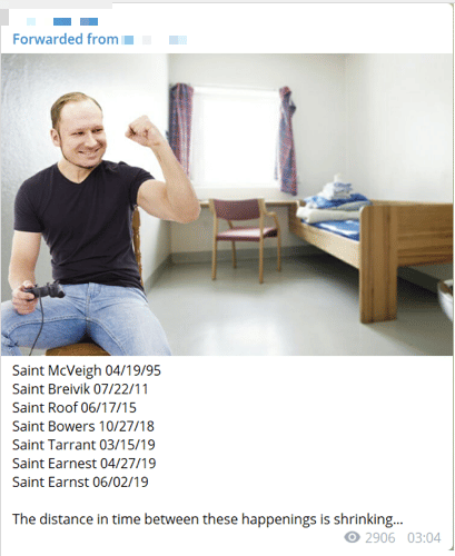 A post on the extremist channel amplifying an image of a jubilant Anders Breivik alongside a post noting the increasing frequency of terror attacks carried out by far-right terrorists. (Source: Telegram)