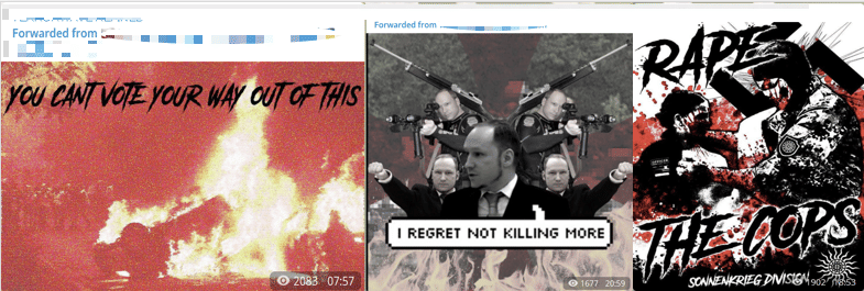 Left: Example of content amplified on “Terrorwave” channels, uploading slickly edited propaganda posters attempting to acts of violence aesthetically alluring. Center: Poster praising Anders Breivik, a Norwegian far right terrorist who killed 77 people in an attack in Oslo and Utoya Island in 2011. Right: Poster uploaded on the “Terrorwave” channel amplifying content by Sonnenkreig division, a UK-based Neo-Nazi terrorist group. (Source: Telegram)