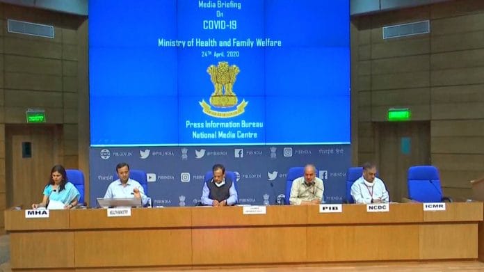 (L-R) Joint Secretary of Home Ministry Punya Salila Srivastava, Joint Secretary of Health Ministry Lav Agarwal, Niti Aayog Member V.K. Paul briefing the media over COVID-19, in New Delhi
