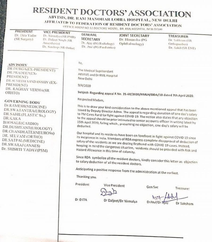 The letter sent by the RDA at the Atal Bihari Vajpayee Institute of Medical Sciences and Ram Manohar Lohia Hospital on 9 April