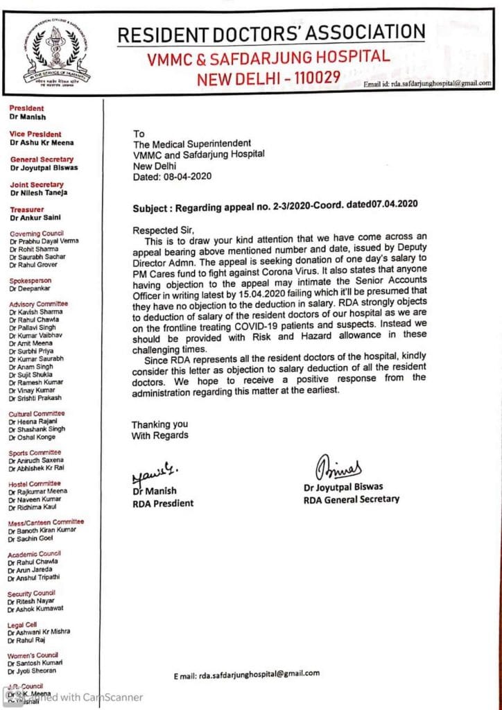The letter sent by the Safdarjung RDA to the hospital authorities on 8 April