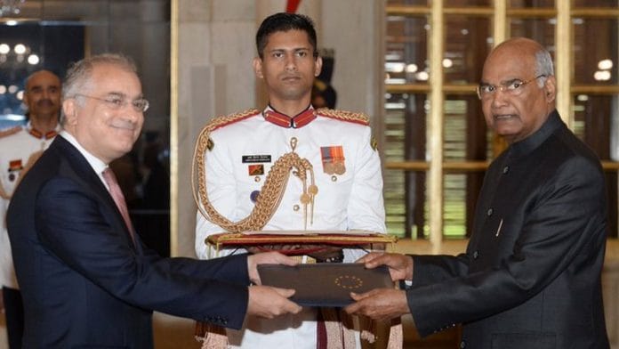 EU Ambassador to India Ugo Astuto with President Ram Nath Kovind | Photo: @EUAmbIndia | Twitter