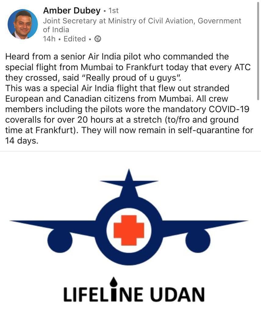 A LinkedIn post by Amber Dubey, joint secretary with the Ministry of Civil Aviation