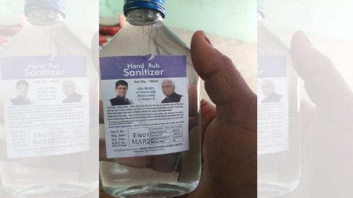 The hand sanitisers with pictures of Dushyant Chautala (left) and Khattar | Twitter: Randeep Surjewala | @rssurjewala