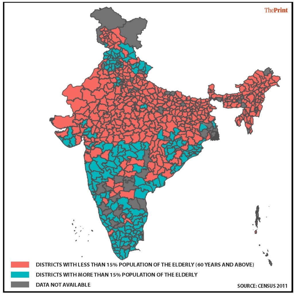 A map showing the districts where the population above 60 years of age is above or below 15 per cent | Graphic: Ila Patnaik/ThePrint Team
