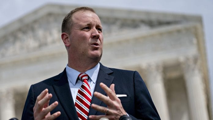 Eric Schmitt, Missouri attorney general, speaks during a news conference outside the Supreme Court in Washington, D.C., U.S. | Bloomberg