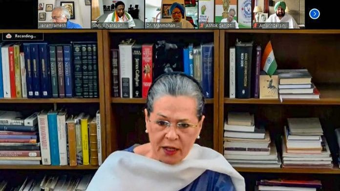 Congress interim president Sonia Gandhi speaks with part leaders and CMs of Congress-ruled states | PTI via INC/Twitter