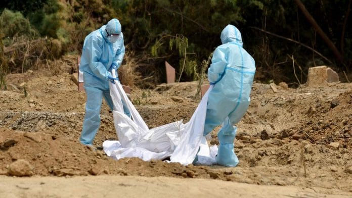 Health workers in protective gear bury the body of a Covid-19 victim in Delhi | Photo: ANI