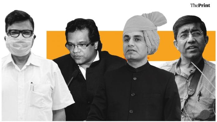 (From left to right): Sanjay Kumar (ex-Bihar Health Secretary), Prateek Hajela (ex-Madhya Pradesh Health Commissioner), Vijay Nehra (ex-Ahmedabad Municipal Corporation Commissioner) and Praveen Pardeshi (ex-Brihanmumbai Municipal Corporation Commissioner). | Photo: ThePrint Team