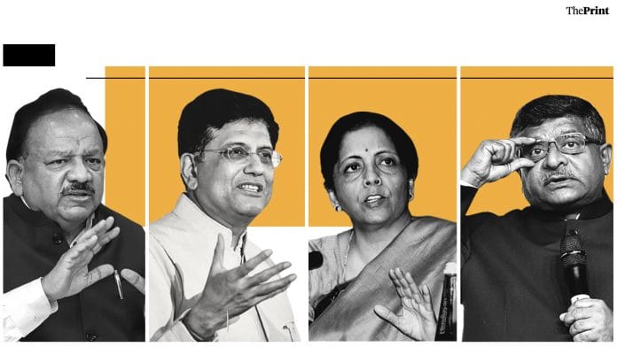 (From left to right): Health Minister Harsh Vardhan, Railways and Commerce Minister Piyush Goyal, Finance Minister Nirmala Sitharaman and IT and Law Minister Ravi Shankar Prasad. | Photo: ThePrint Team