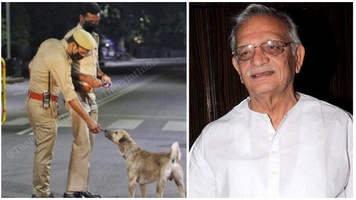 (L-R): Policemen feeding a stray dog; Gulzar at a song launch | ThePrint