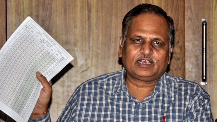 File photo of Delhi Health Minister Satyendar Jain speaking at a press conference | ANI