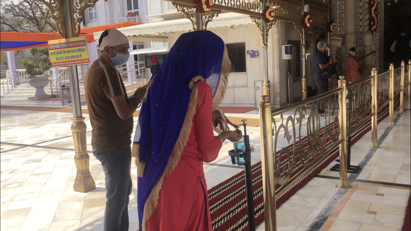 Sanitizer bottle at the entrance of Bangla Sahib Gurdwara