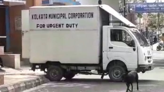 The Kolkata Municipal Corporation vehicle that brough bodies for cremation