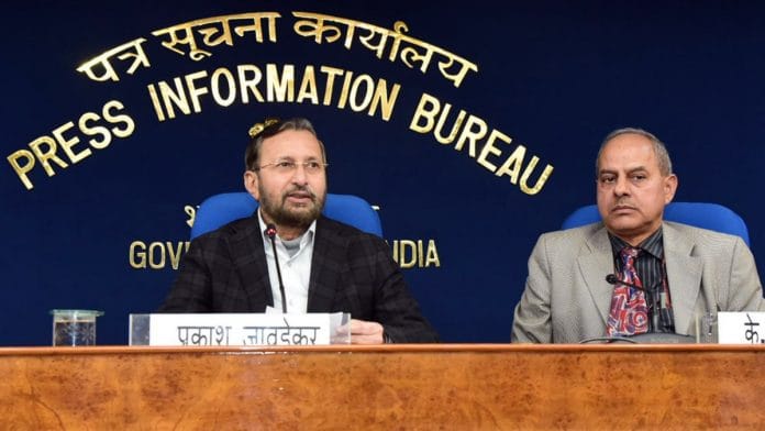 Union Information & Broadcasting Minister Prakash Javadekar along with Principal Director General, Press Information Bureau, Kuldeep Dhatwalia briefing the media on Cabinet Decisions, in New Delhi in January 2020