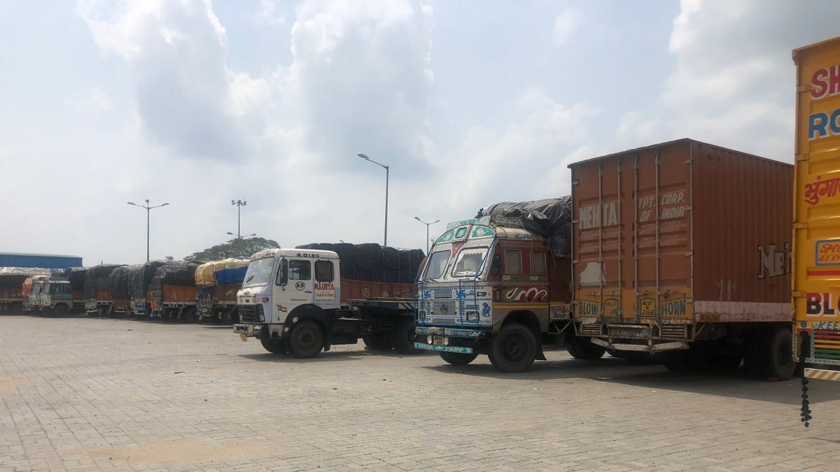 Trucks stranded at the Petrapole Integrated Check Post since the lockdown began on 25 March | Photo: Madhuparna Das | ThePrint