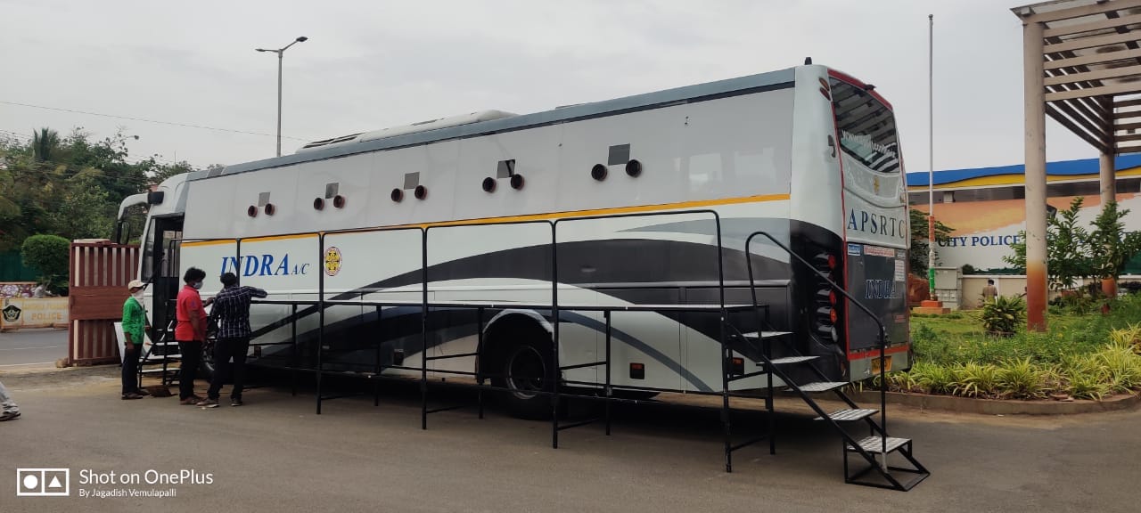 An APSRTC bus being repurposed as a mobile testing facility | By special arrangement