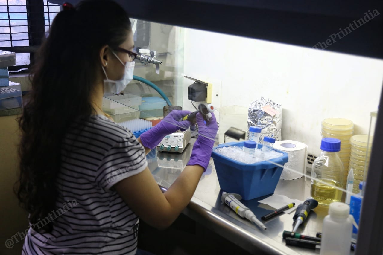 A CCMB scientist working at a lab in the institute premises in Hyderabad. | Photo: Suraj Singh Bisht/ThePrint