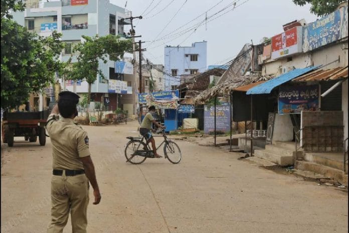 A policeman on patrol to enforce the lockdown in Gollala Mamidada, a village in the East Godavari district | Suraj Singh Bisht | ThePrint