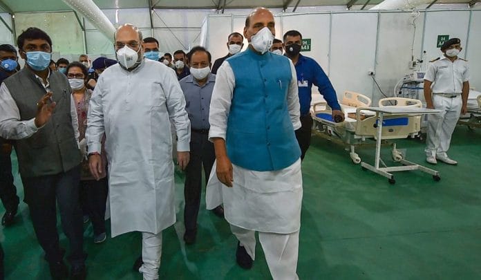 Home Minister Amit Shah and Defence Minister Rajnath Singh visit at the Sardar Patel Covid care facility, Delhi, 5 July 2020. (Arun Sharma/PTI