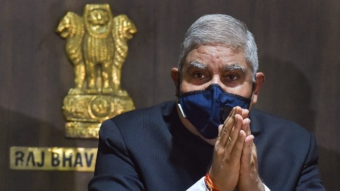 File photo of West Bengal Governor Jagdeep Dhankhar during an interaction with media personnel. | PTI