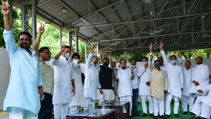 Rajasthan CM Ashok Gehlot at his residence Monday with MLAs who are supporting him (representational image) | Photo: Rohit Jain Paras | ThePrint