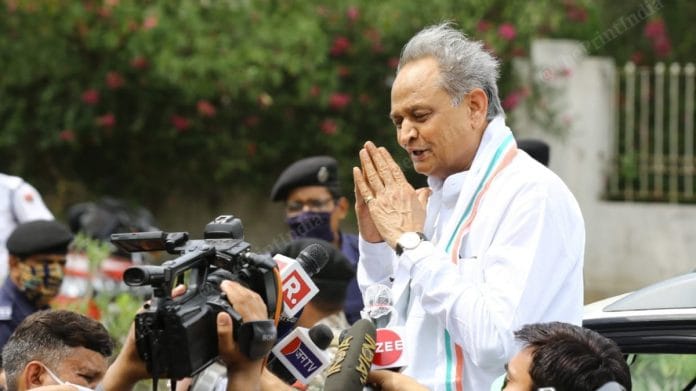 Rajasthan CM Ashok Gehlot addressing media outside Fairmont hotel in Jaipur on 20 July 2020 | Suraj Singh Bisht | ThePrint