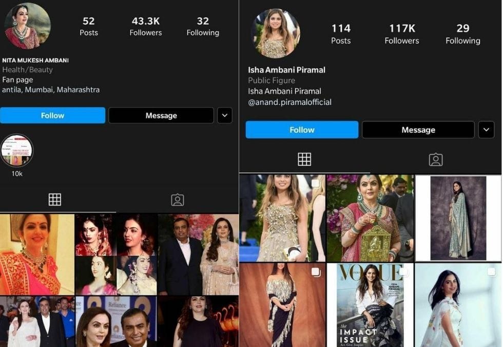 Fan pages of Nita Ambani and Isha Ambani | Instagram