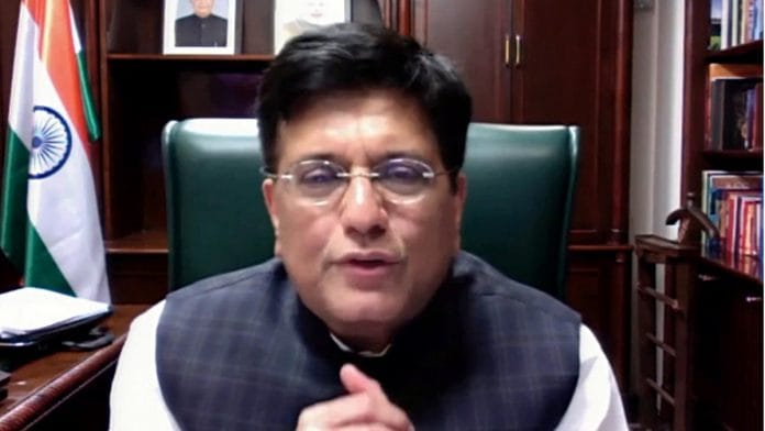 Commerce and Industry Minister Piyush Goyal addresses the US-India Business Council’s virtual India Ideas Summit Tuesday | Photo: ANI
