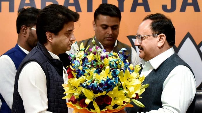 File image of Jyotiraditya Scindia being welcomed into the BJP by its president J.P. Nadda | Photo: ANI