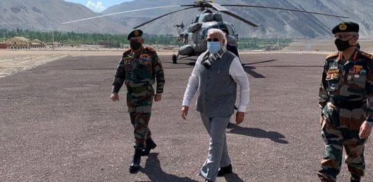 PM Modi at Leh, accompanied by CDS Bipin Rawat and Army Chief General MM Naravane | Twitter @bjp4india