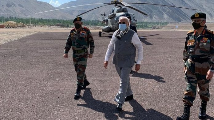 PM Modi at Leh, accompanied by CDS Bipin Rawat and Army Chief General MM Naravane | Twitter @bjp4india