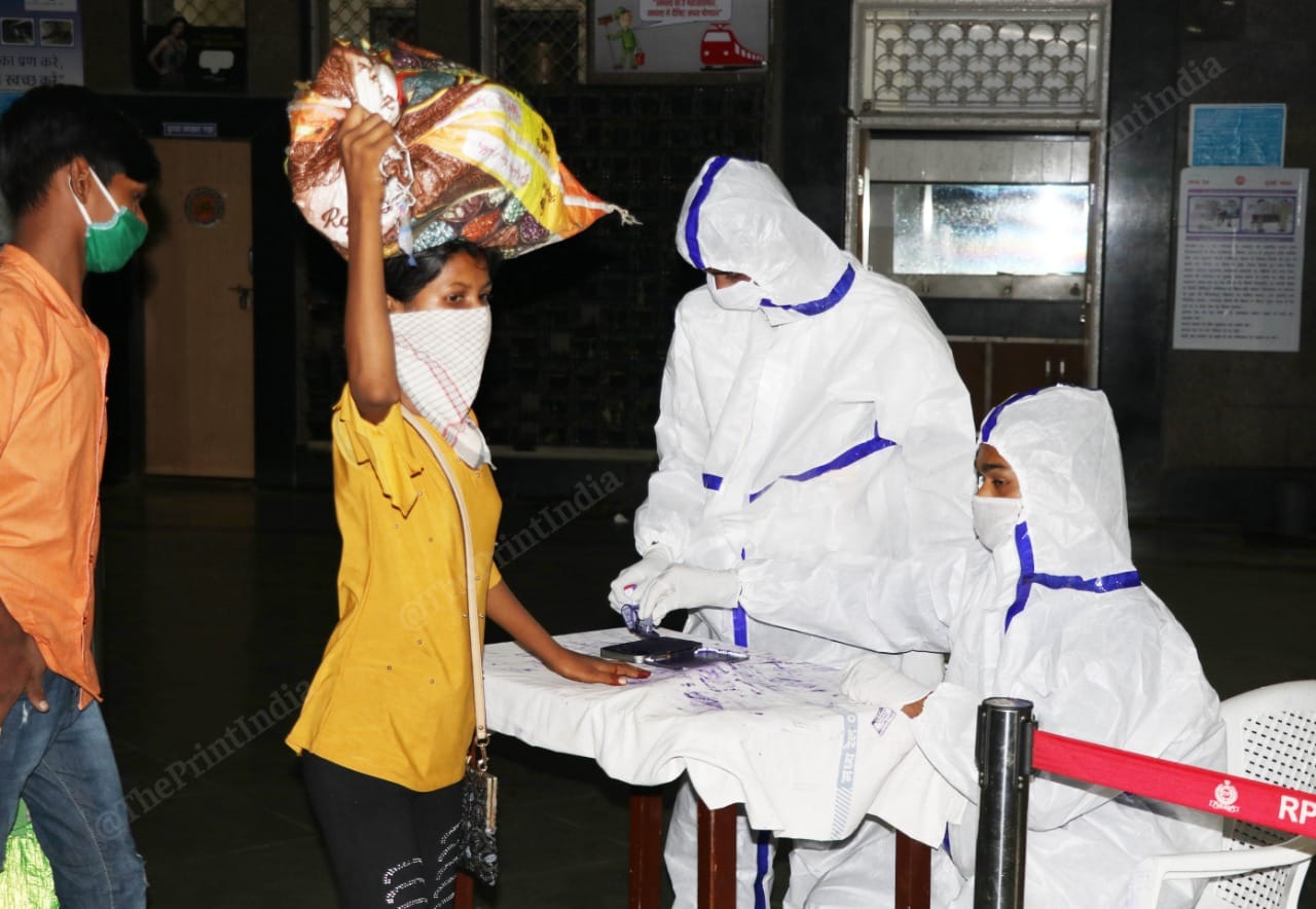 Workers being stamped for home quarantine at the Chhatrapati Shivaji Maharaj Terminus | Photo: Vasant Prabhu | ThePrint
