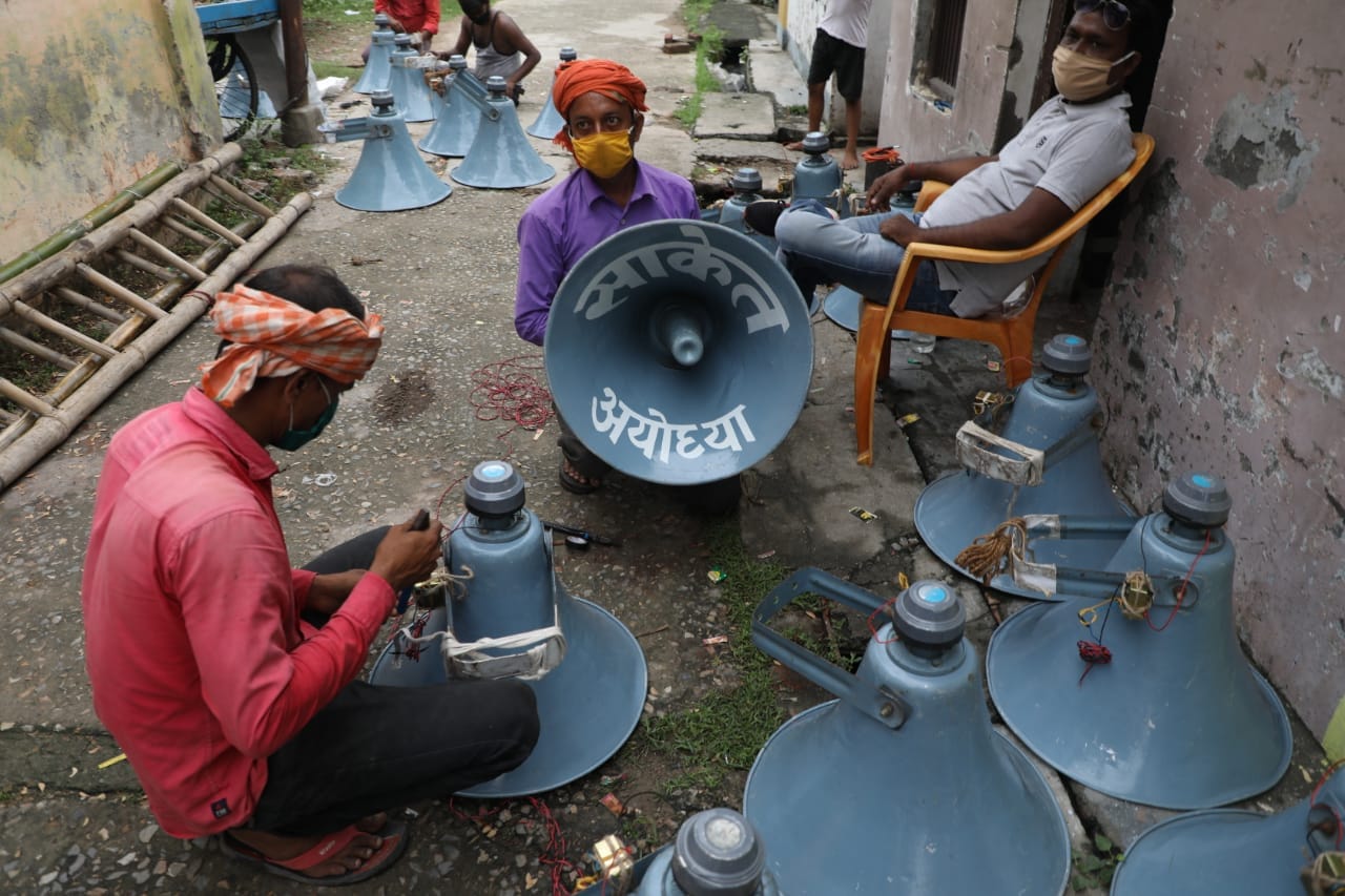 Installation of loudspeakers in Ayodhya. | Photo: Prashant Srivastava/ThePrint