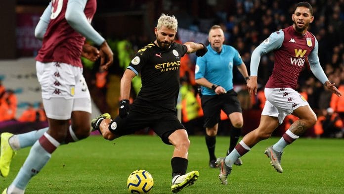 Manchester City's Argentinian striker Sergio Aguero shoots during an English Premier League football match between Aston Villa and Manchester City at Villa Park in Birmingham on 12 January