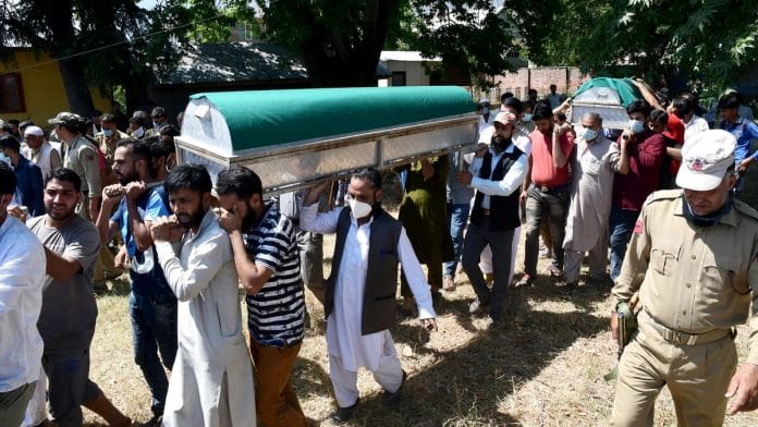 A file photo of the funeral of the BJP leader who was killed in Bandipora last week along with his brother and father. | Photo: ANI