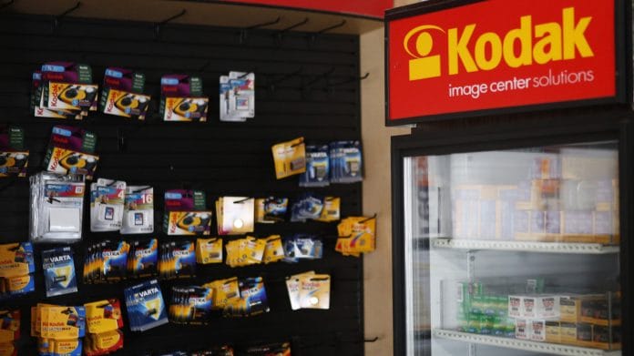 Disposable cameras, batteries, and film for sale at a Kodak Image Center Solutions location in Glendale, California