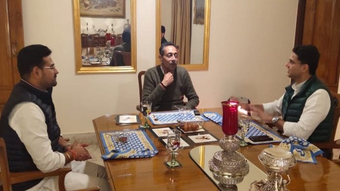 File photo of rebel Congress MLAs Sachin Pilot (far right), Vishvendra Singh (centre) and Ramniwas Gawriya | Twitter | @vishvendrabtp