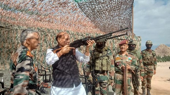Defence Minister Rajnath Singh at a forward base in Ladakh