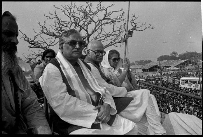 During the demolition a lot of leaders where present at the site. In this picture ( from left to right) BJP leaders Murli Manohar Joshi, L.K. Advani, Vijaya Raje Shindia, watching demolition on December 6 at Ram Katha Kunj | Photo: Praveen Jain | ThePrint