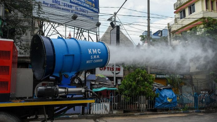 Mist canon in action at a Covid hot spot near Rashbehari area of South Kolkata | Photographer: Debarchan Chatterjee/NurPhoto via Getty Images