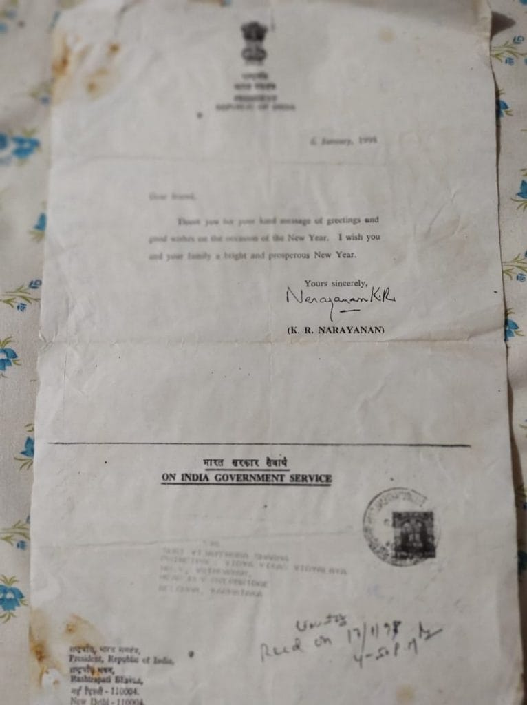 A letter sent to Pandit Sharma by former President of India K.R. Narayanan | By special arrangement