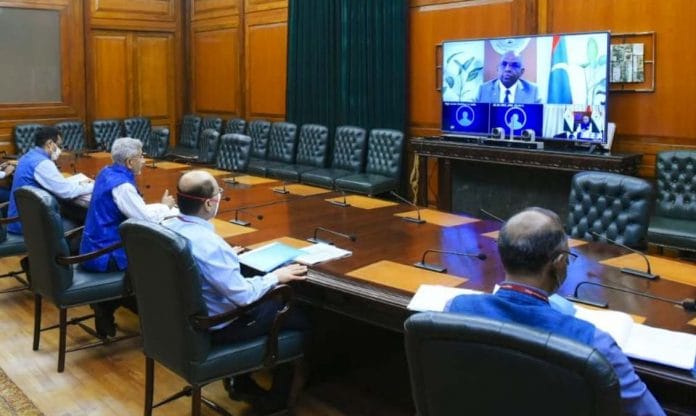 External Affairs Minister S. Jaishankar at Thursday's video conference with his Maldivian counterpart Abdulla Shahid | Twitter | @DrSJaishankar