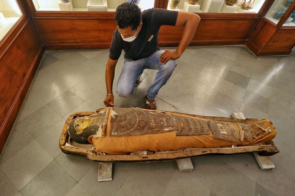 A 2300-year old mummy kept out of its box at a safe place after rain water entered the historic Albert Hall museum's basement, in Jaipur, 18 Aug 2020 | PTI
