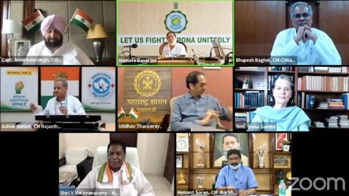 Screenshot of the Zoom meeting held among seven non-BJP chief ministers and Congress chief Sonia Gandhi | Congress