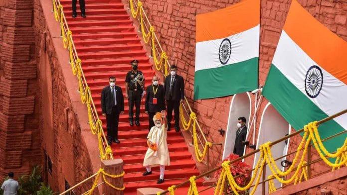 Prime Minister Narendra Modi after addressing the nation during the 74th Independence Day celebrations, at Red Fort in New Delhi, Saturday, 15 August 2020 | Manvender Vashist | PTI